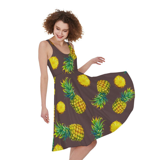 Brown Pineapple Pattern Print Women's Sleeveless Dress