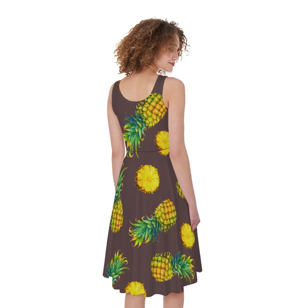 Brown Pineapple Pattern Print Women's Sleeveless Dress