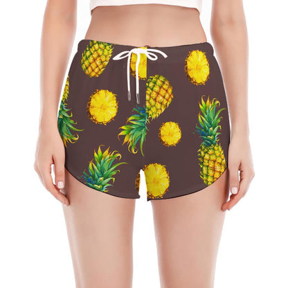 Brown Pineapple Pattern Print Women's Split Running Shorts