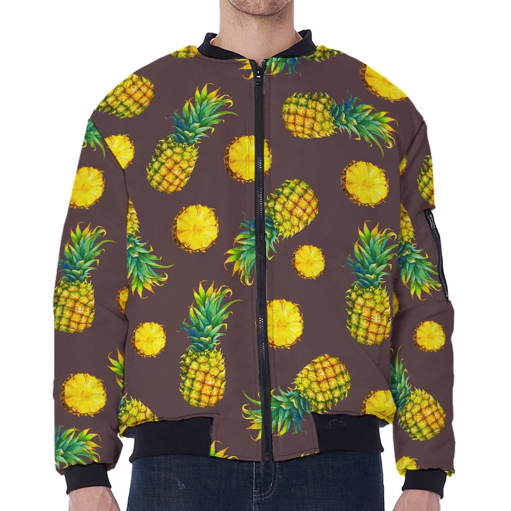 Brown Pineapple Pattern Print Zip Sleeve Bomber Jacket