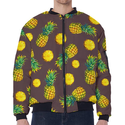 Brown Pineapple Pattern Print Zip Sleeve Bomber Jacket