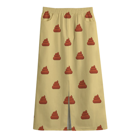 Brown Poop Pattern Print Cotton Front Slit Maxi Skirt