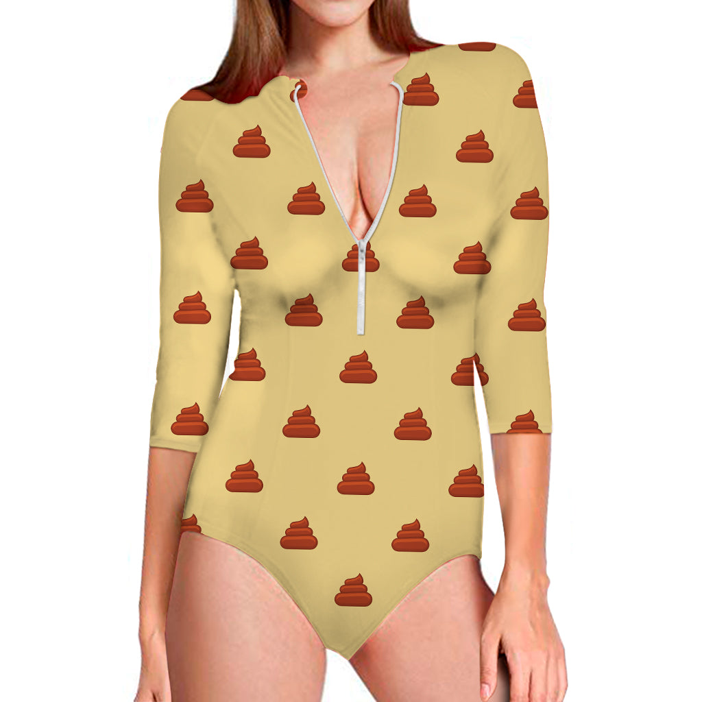 Brown Poop Pattern Print Long Sleeve Swimsuit
