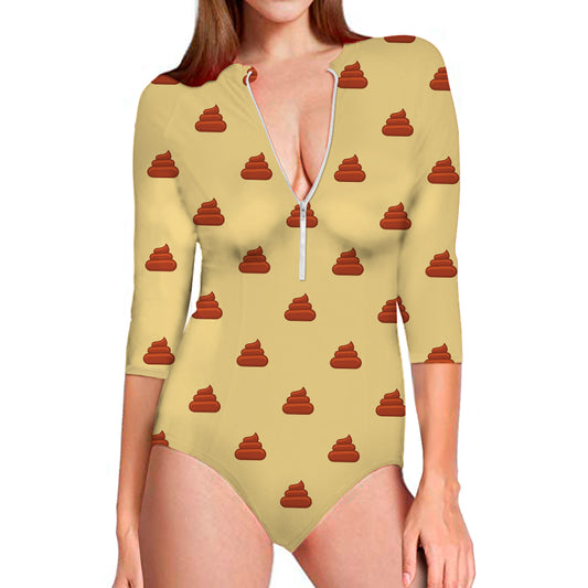 Brown Poop Pattern Print Long Sleeve Swimsuit