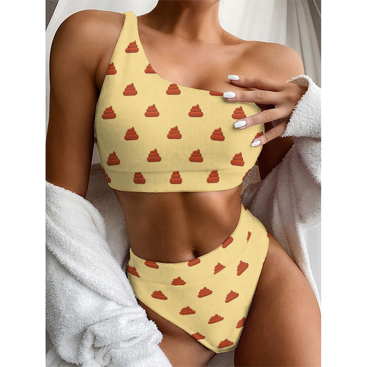 Brown Poop Pattern Print One Shoulder Bikini Top
