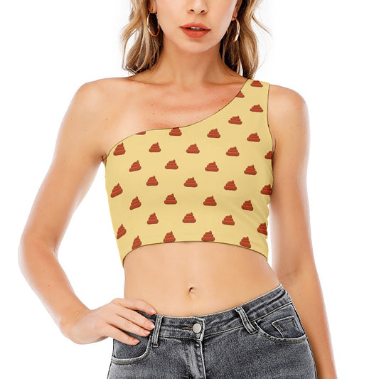 Brown Poop Pattern Print One Shoulder Crop Top