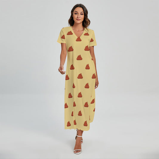 Brown Poop Pattern Print Short Sleeve Maxi Dress