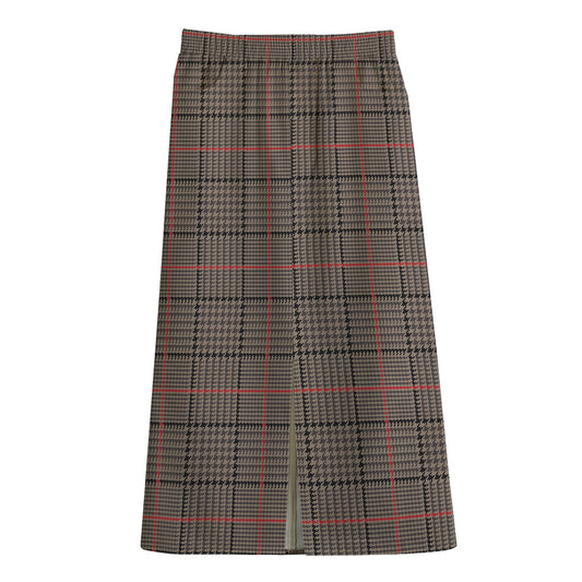 Brown Prince of Wales Check Print Cotton Front Slit Maxi Skirt