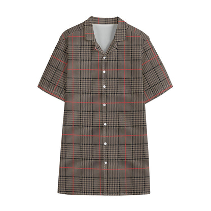 Brown Prince of Wales Check Print Cotton Hawaiian Shirt