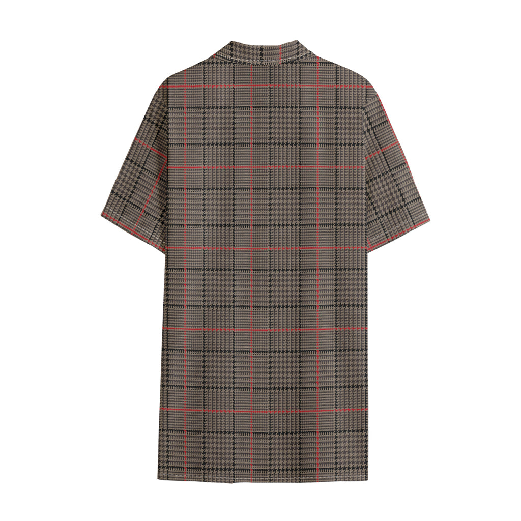 Brown Prince of Wales Check Print Cotton Hawaiian Shirt