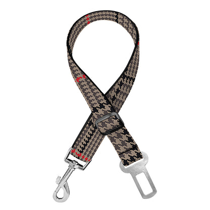 Brown Prince of Wales Check Print Dog Seat Belt