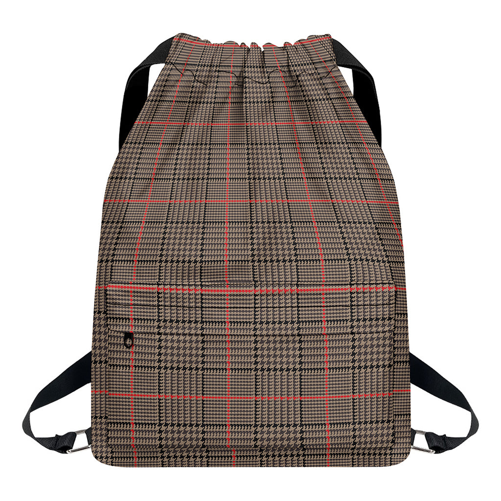 Brown Prince of Wales Check Print Drawstring Backpack