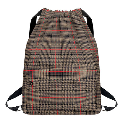 Brown Prince of Wales Check Print Drawstring Backpack