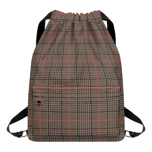 Brown Prince of Wales Check Print Drawstring Backpack