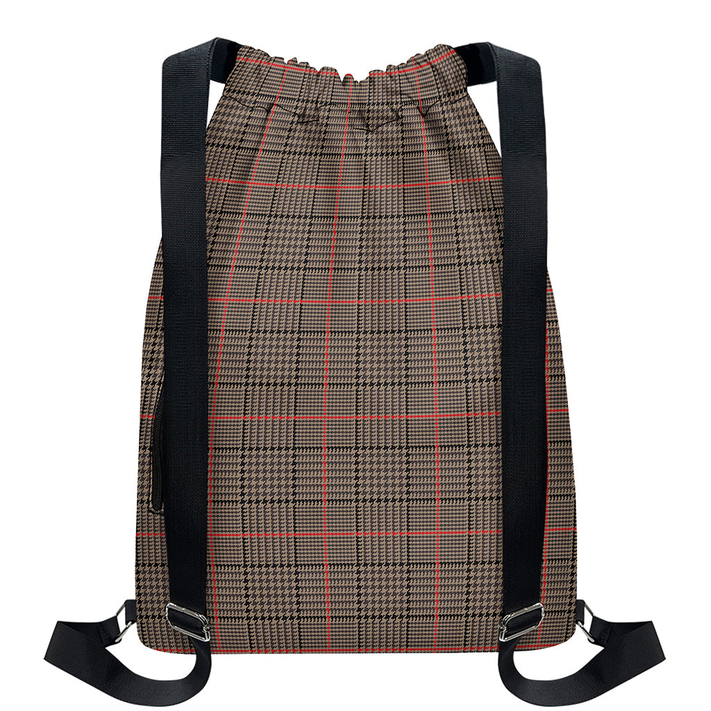 Brown Prince of Wales Check Print Drawstring Backpack