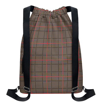 Brown Prince of Wales Check Print Drawstring Backpack