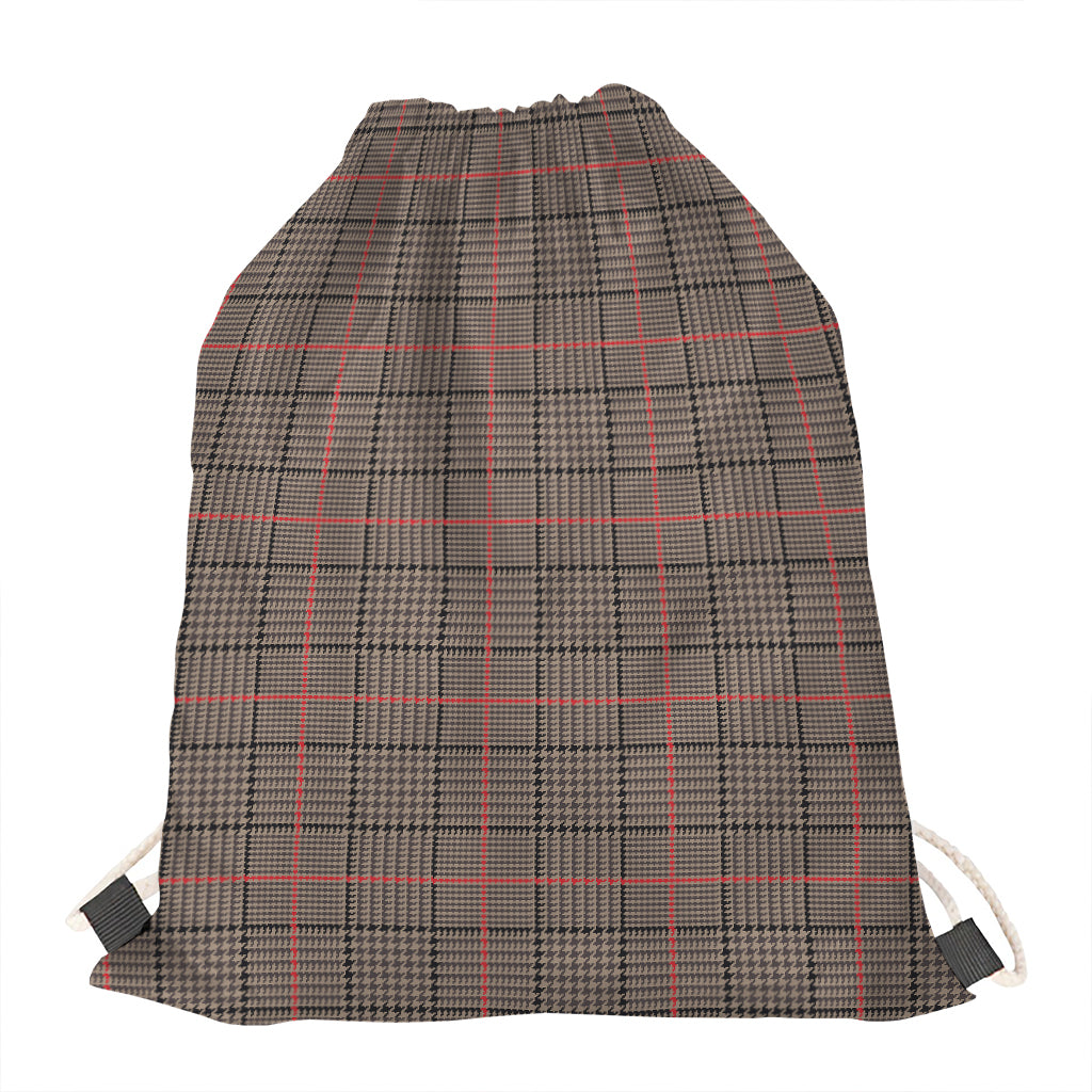 Brown Prince of Wales Check Print Drawstring Bag