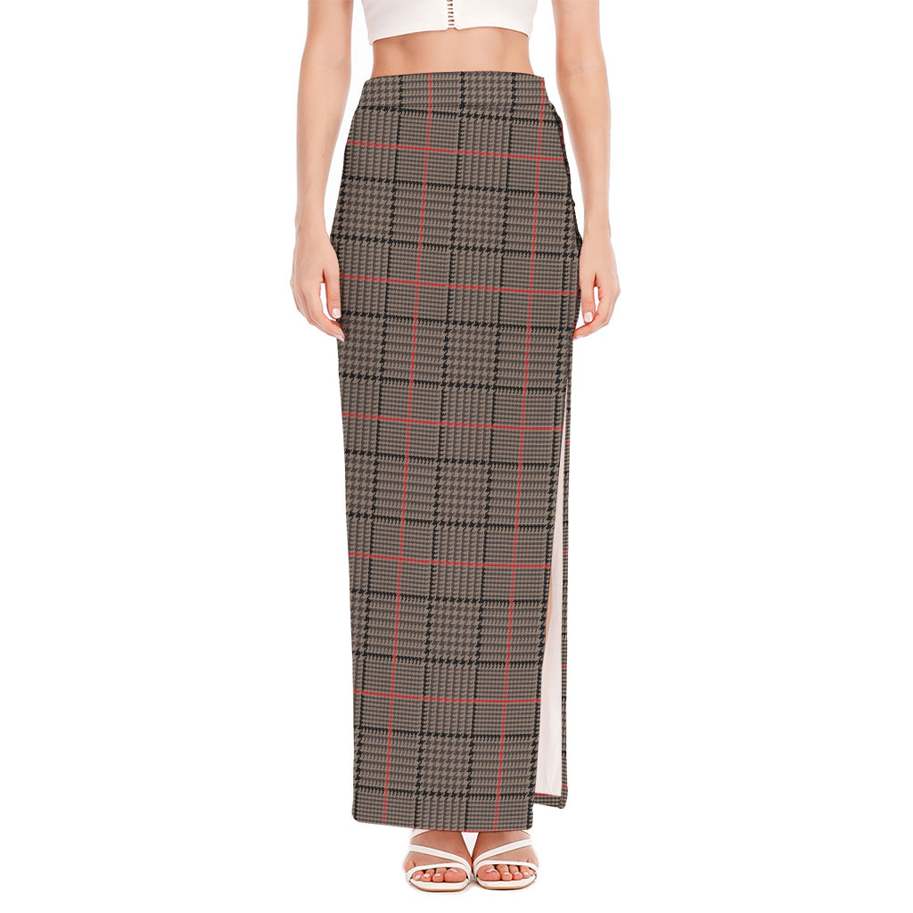 Brown Prince of Wales Check Print High Slit Maxi Skirt
