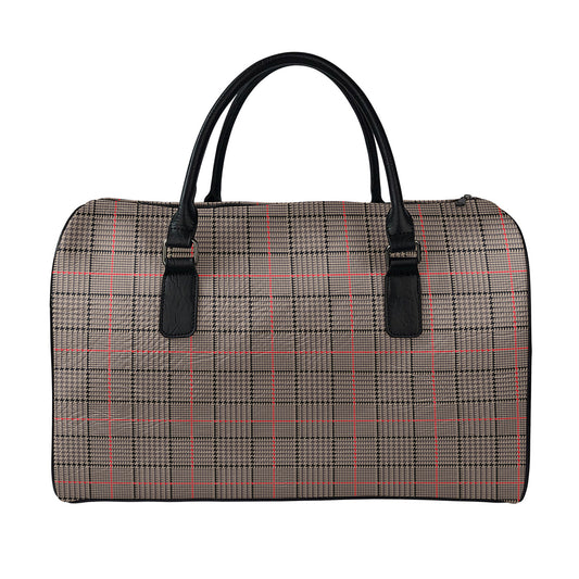 Brown Prince of Wales Check Print Leather Duffle Bag