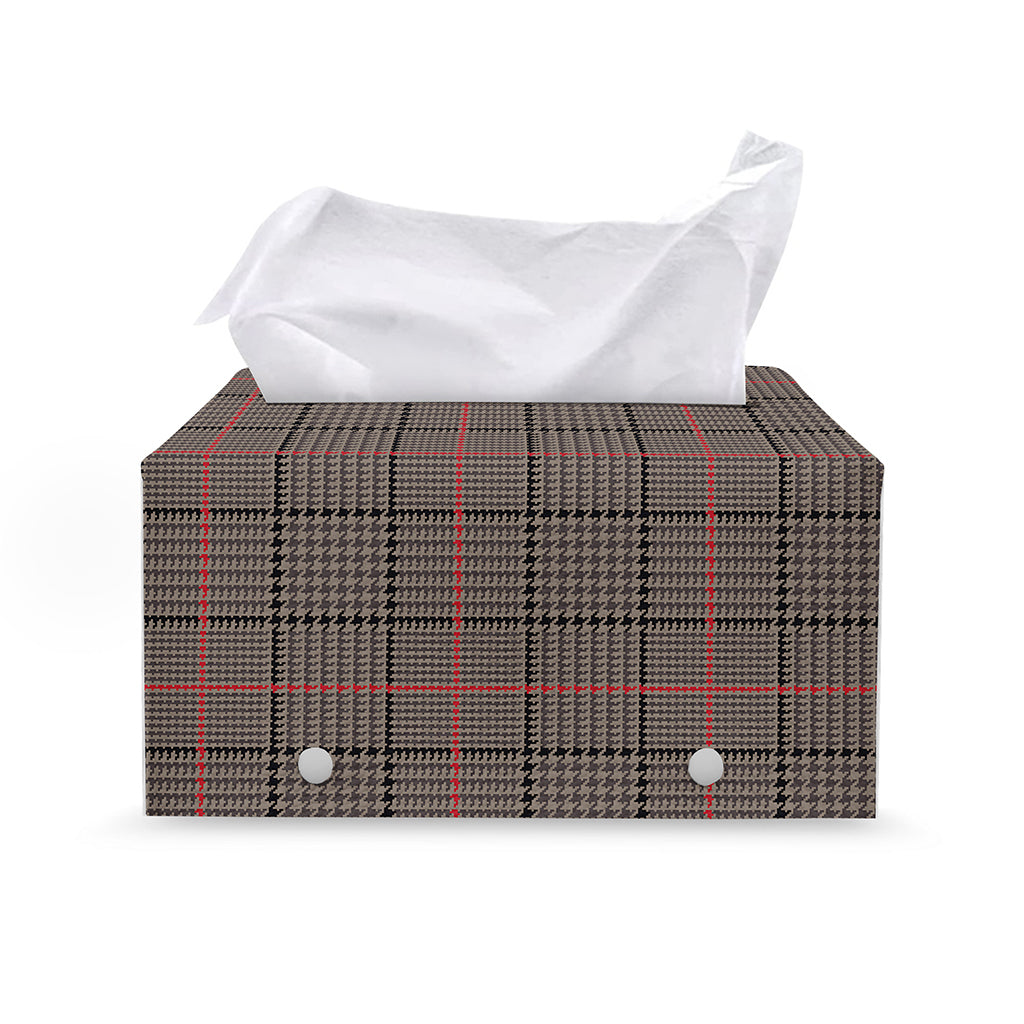 Brown Prince of Wales Check Print Leather Tissue Box Cover
