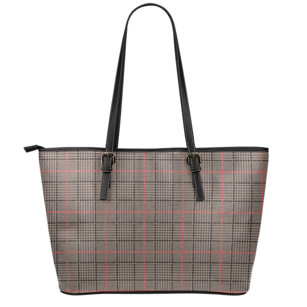Brown Prince of Wales Check Print Leather Tote Bag