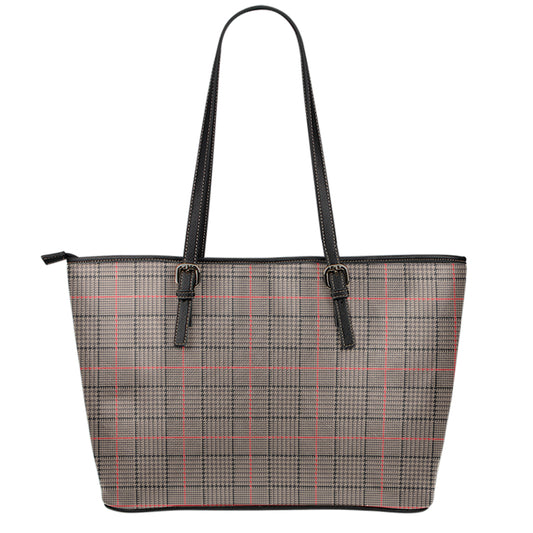 Brown Prince of Wales Check Print Leather Tote Bag