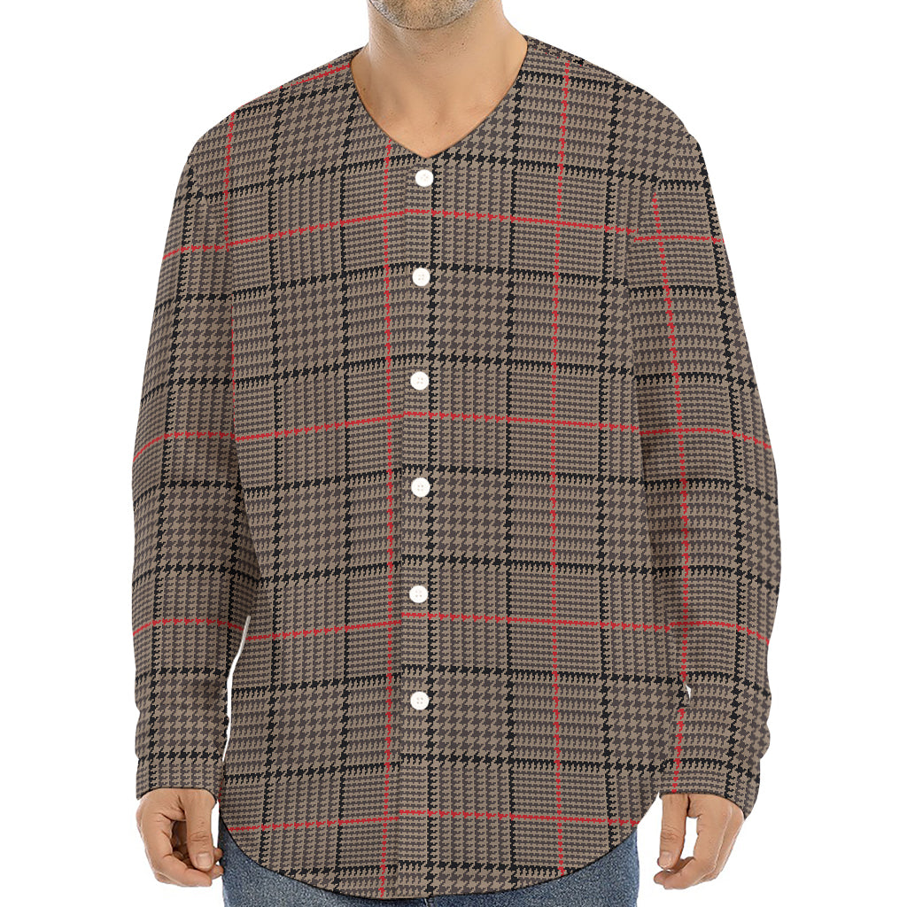 Brown Prince of Wales Check Print Long Sleeve Baseball Jersey