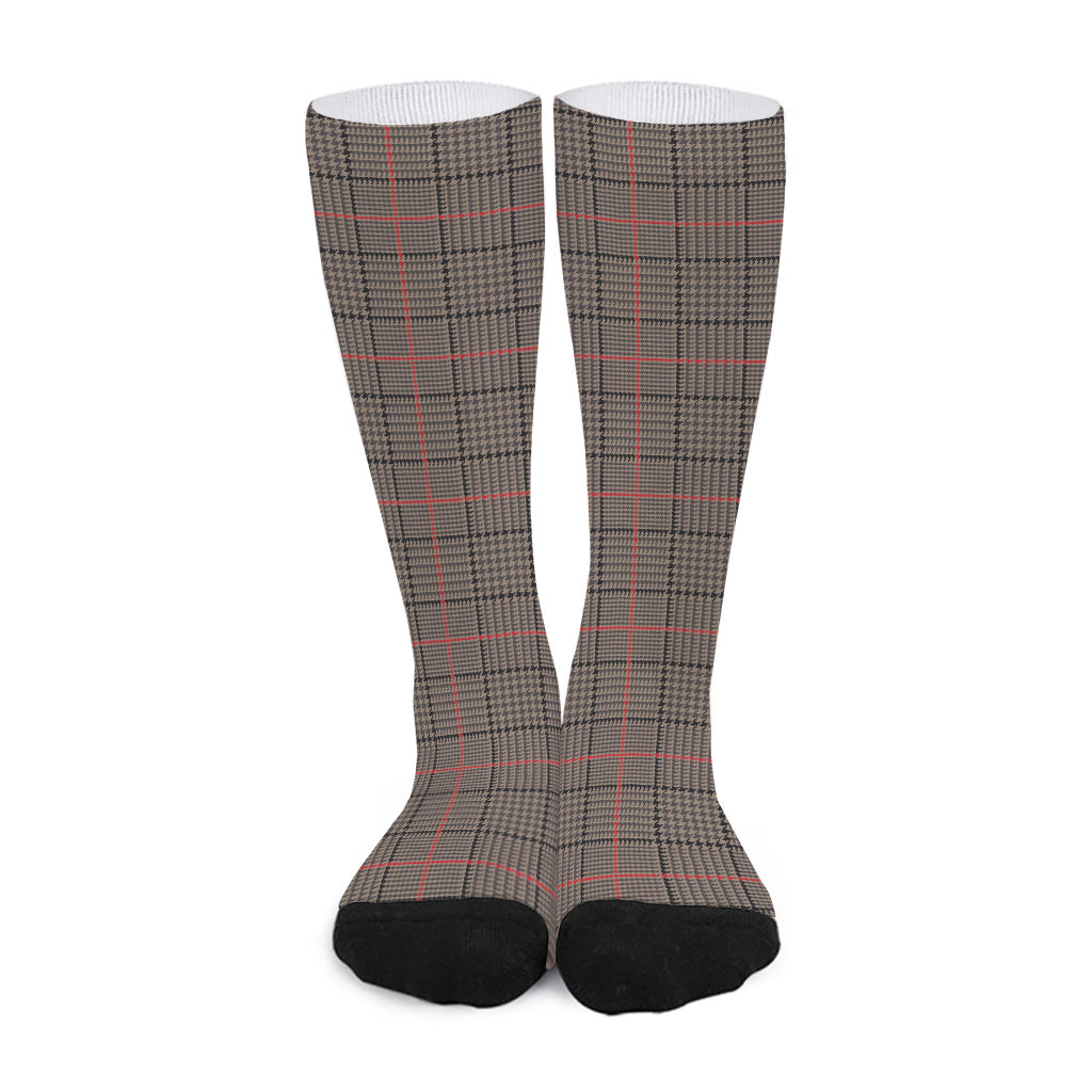 Brown Prince of Wales Check Print Long Socks