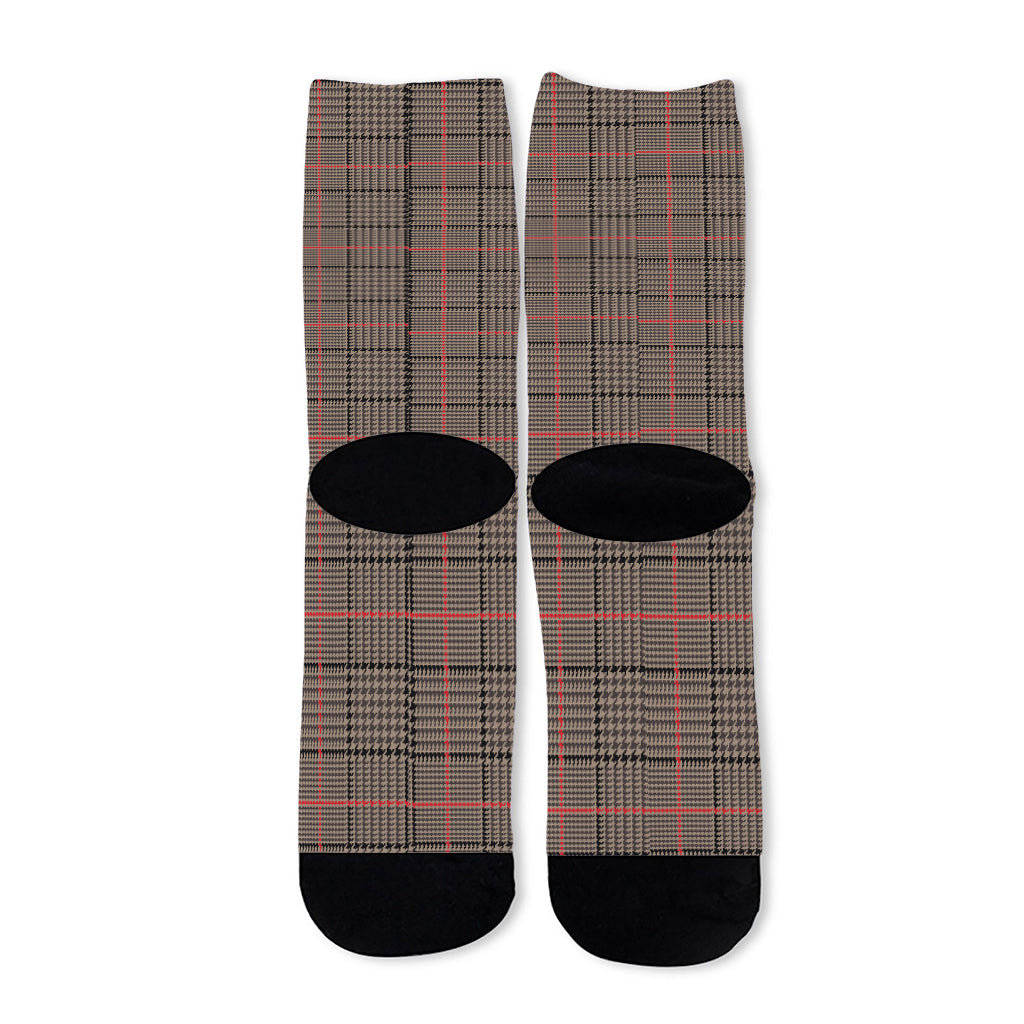 Brown Prince of Wales Check Print Long Socks