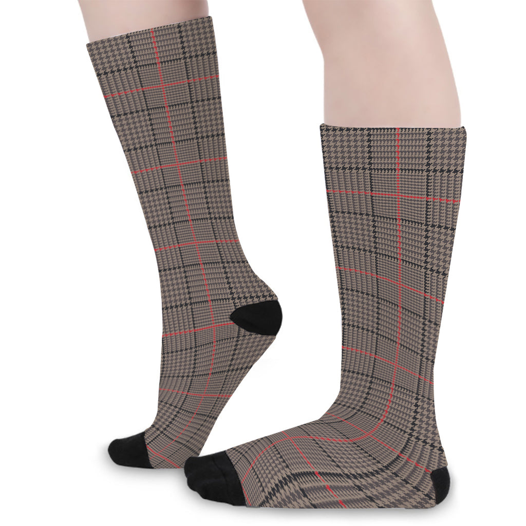 Brown Prince of Wales Check Print Long Socks