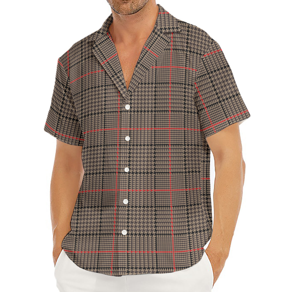 Brown Prince of Wales Check Print Men's Deep V-Neck Shirt