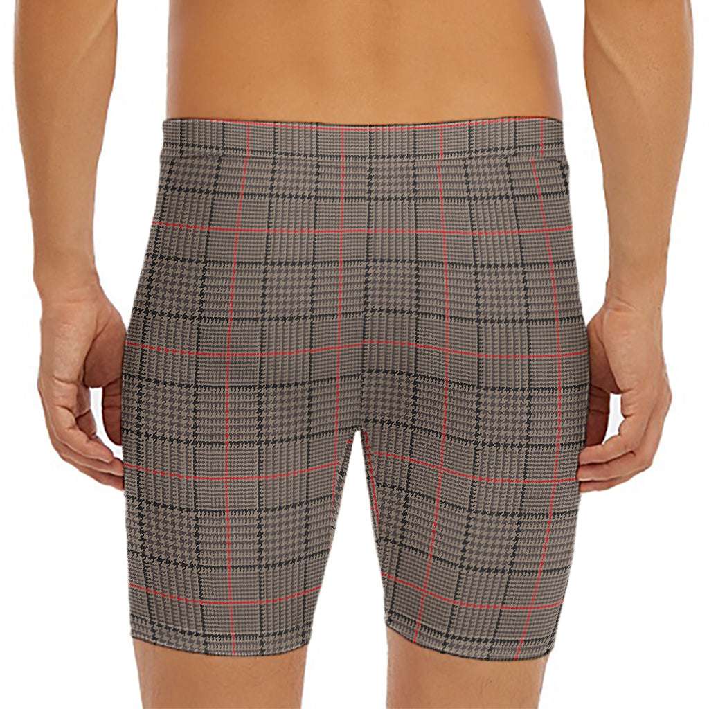 Brown Prince of Wales Check Print Men's Long Boxer Briefs
