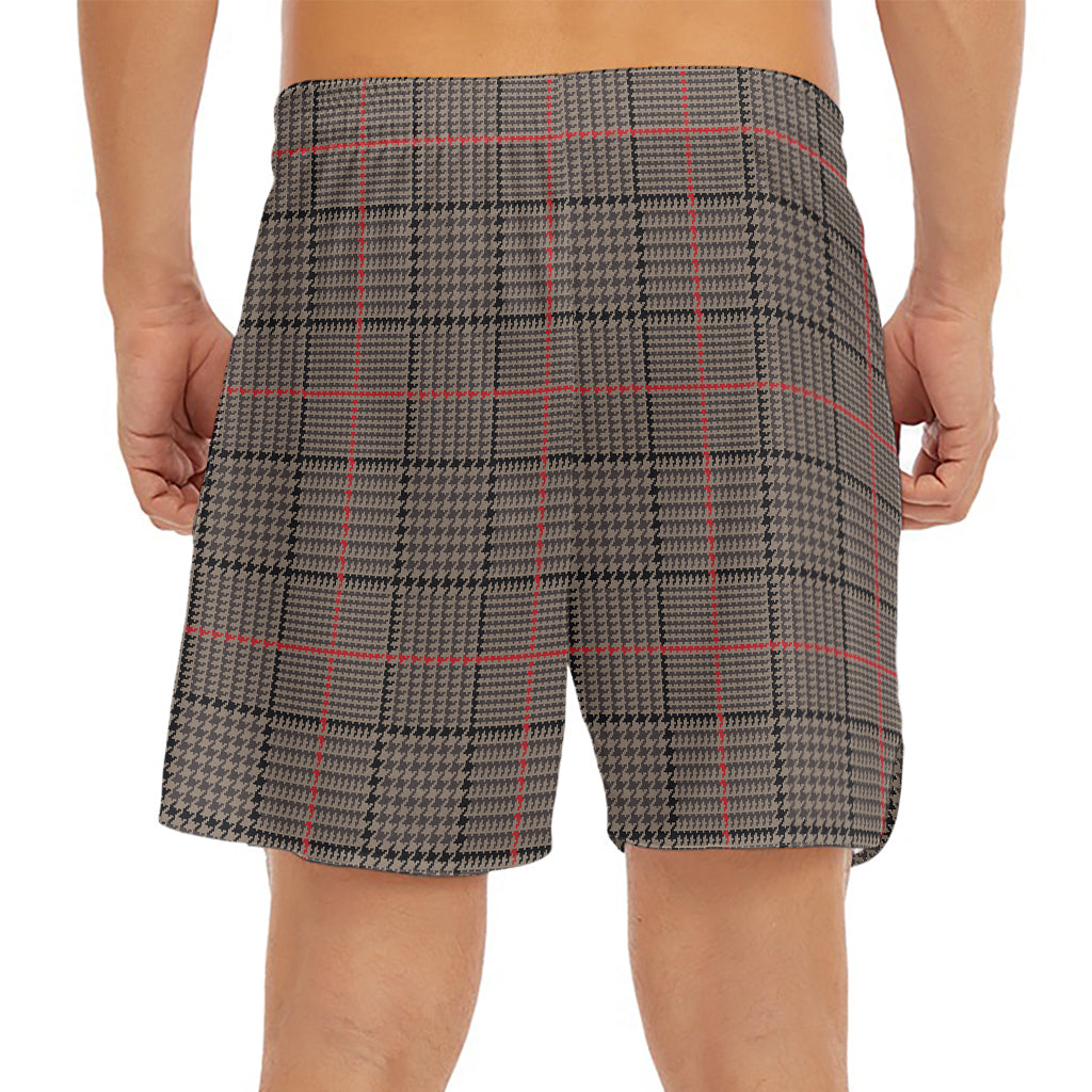 Brown Prince of Wales Check Print Men's Split Running Shorts