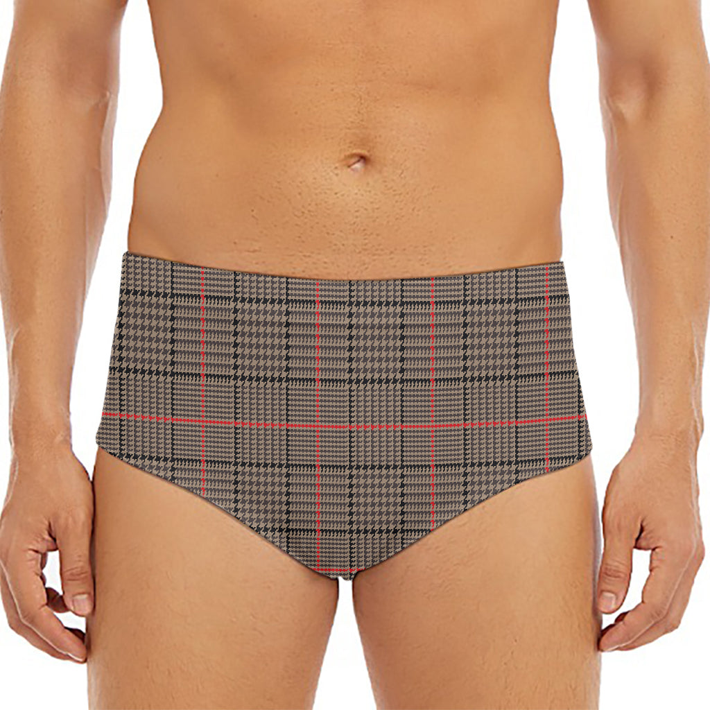 Brown Prince of Wales Check Print Men's Triangle Swim Briefs