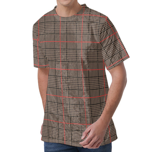 Brown Prince of Wales Check Print Men's Velvet T-Shirt