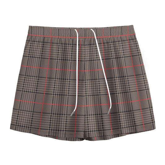 Brown Prince of Wales Check Print Mesh Shorts