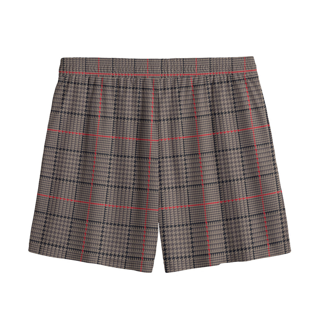 Brown Prince of Wales Check Print Mesh Shorts