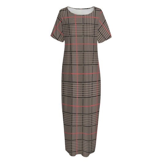 Brown Prince of Wales Check Print Short Sleeve Long Nightdress