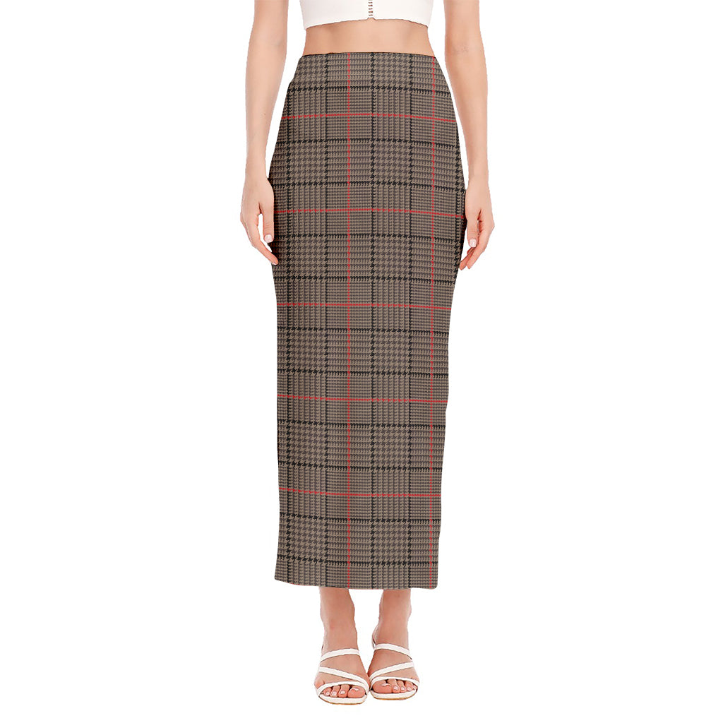 Brown Prince of Wales Check Print Side Slit Maxi Skirt