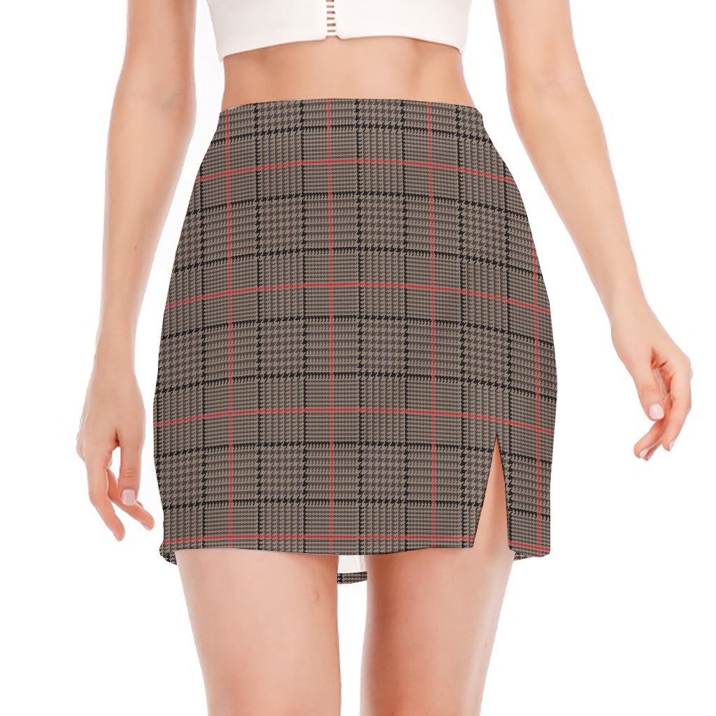 Brown Prince of Wales Check Print Side Slit Mini Skirt