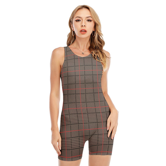 Brown Prince of Wales Check Print Sleeveless One Piece Swimsuit