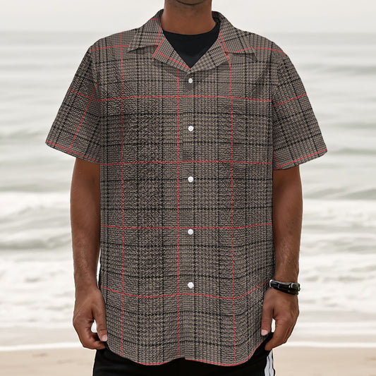 Brown Prince of Wales Check Print Textured Short Sleeve Shirt