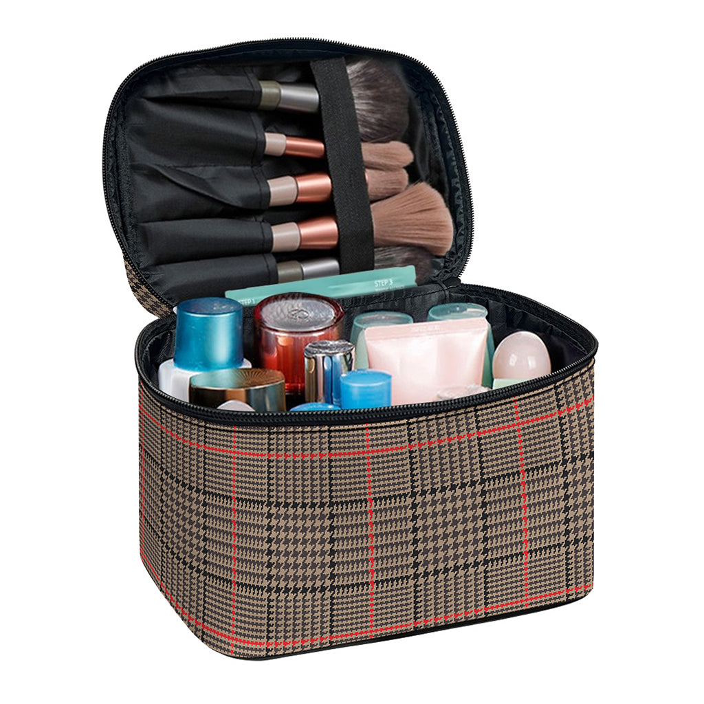 Brown Prince of Wales Check Print Travel Makeup Bag