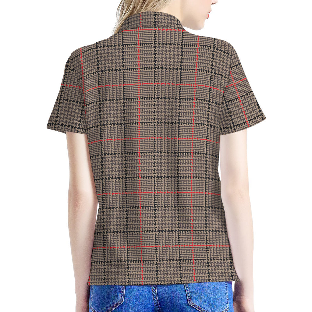 Brown Prince of Wales Check Print Women's Polo Shirt
