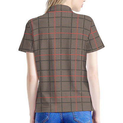 Brown Prince of Wales Check Print Women's Polo Shirt