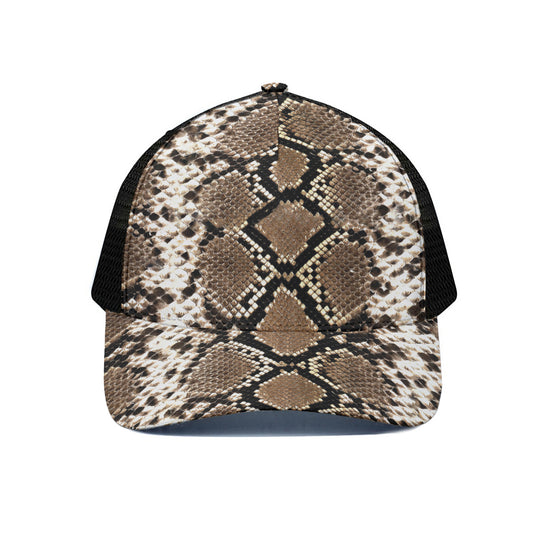 Brown Python Snakeskin Print Black Mesh Trucker Cap