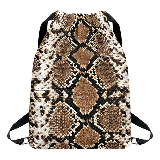 Brown Python Snakeskin Print Drawstring Backpack