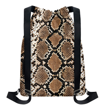 Brown Python Snakeskin Print Drawstring Backpack