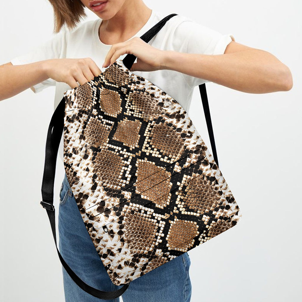 Brown Python Snakeskin Print Drawstring Backpack