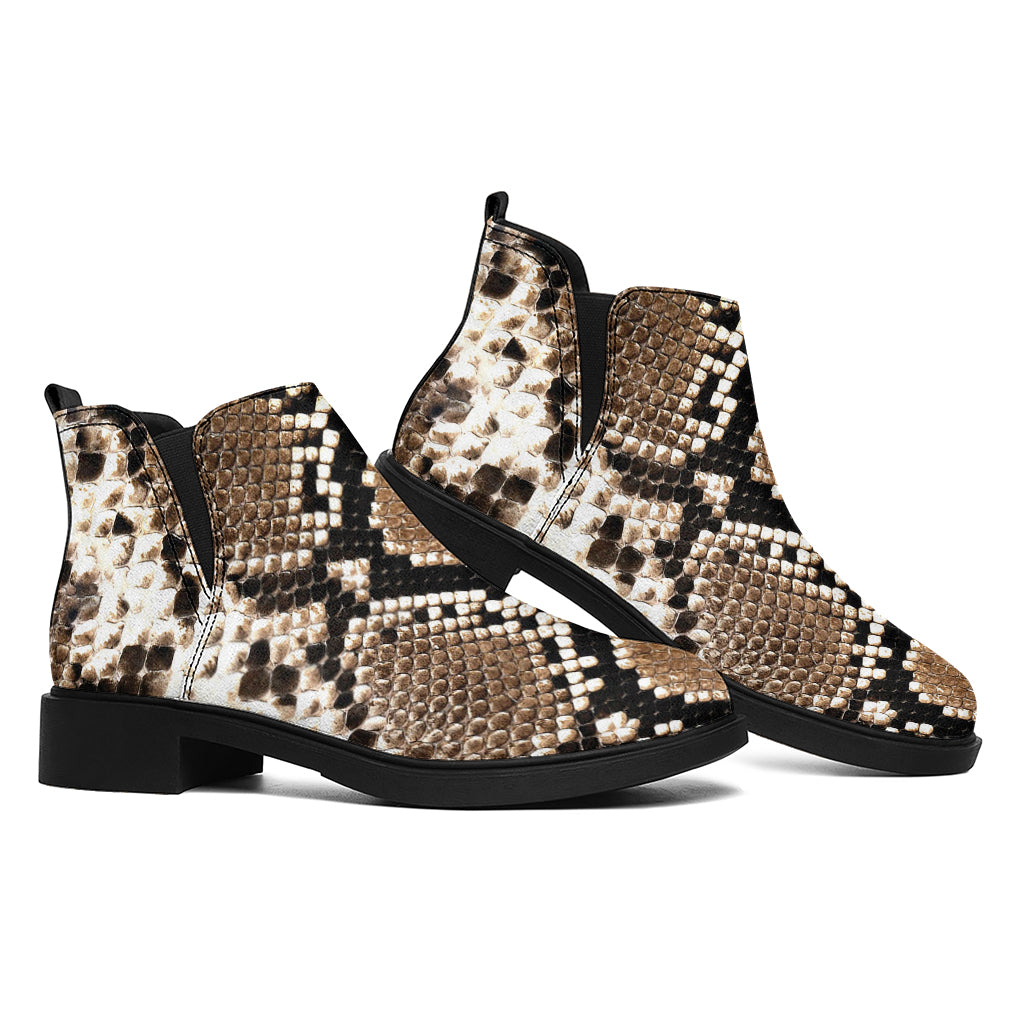 Brown Python Snakeskin Print Flat Ankle Boots